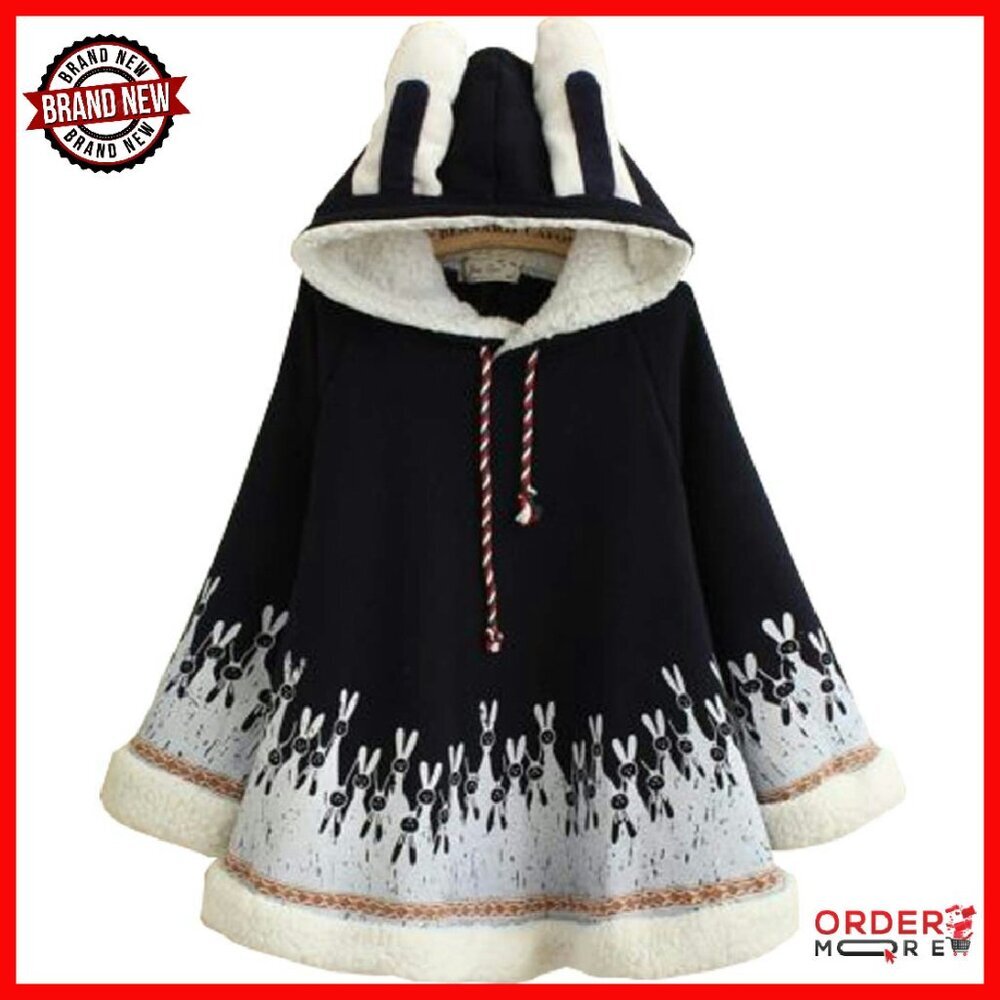 Fleece Hooded Poncho Coat with Bunny Ears, Warm Winter Cape